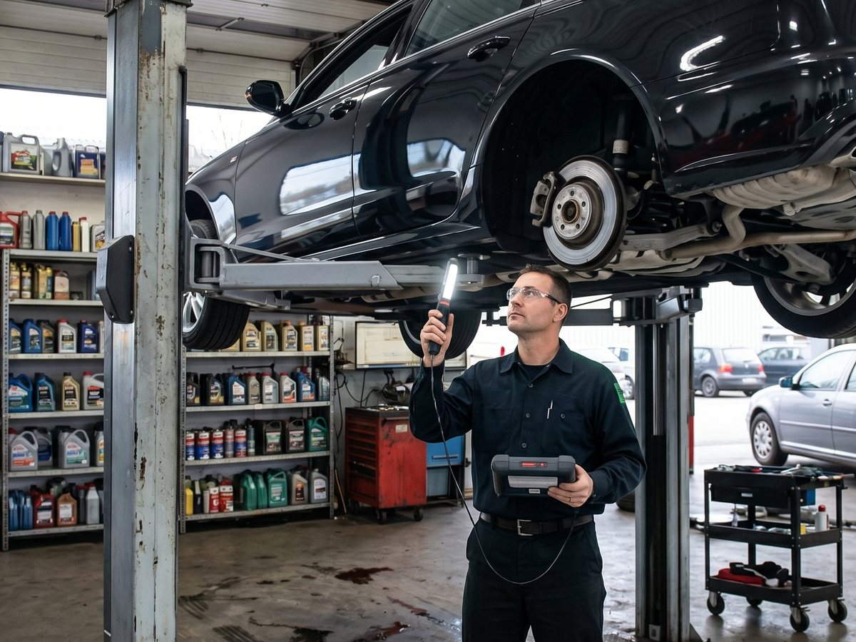 KFZ-Techniker der LTS GmbH bei der Unterbodenprüfung eines Taxis auf der Hebebühne