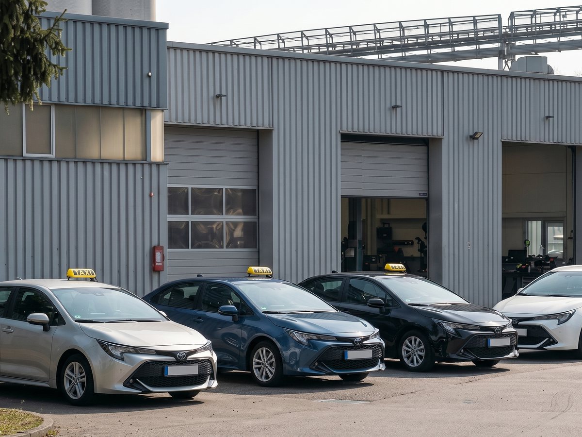 Mehrere Leih-Taxis (Toyota) der LTS GmbH vor der Werkstatt