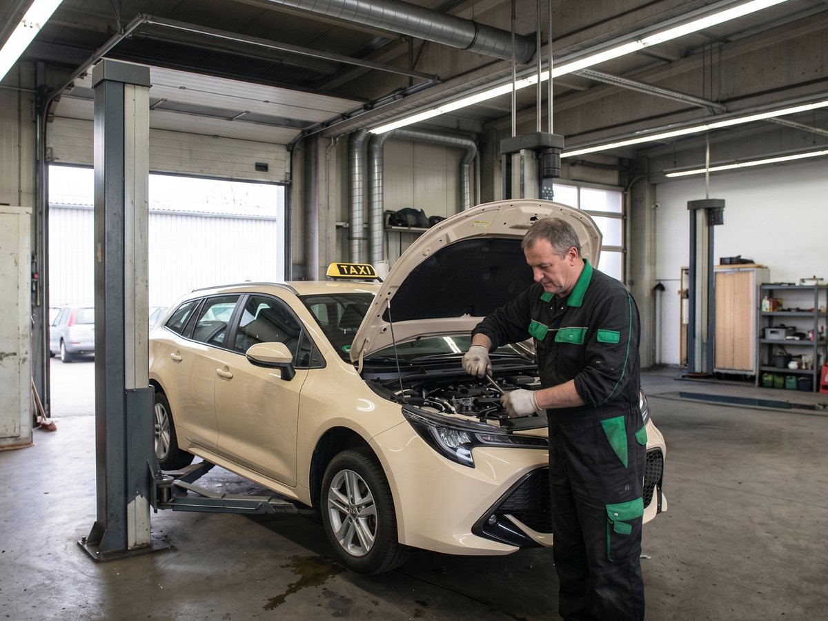 Mechaniker der LTS GmbH bei Servicearbeiten an einem Taxi auf der Hebebühne